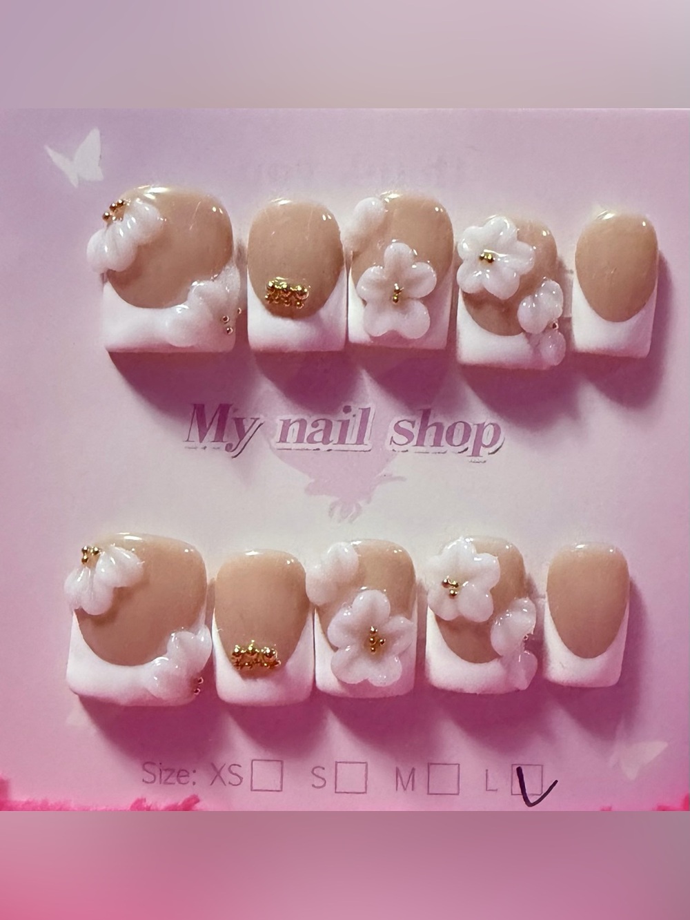 Floral 3D Nude & White Press-On Toenail Set